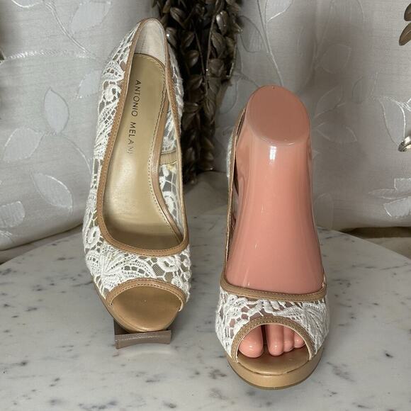 Antonio Melani | Women’s 7.5 | Cream Lace Peep-Toe Heels | Bridal Boho Chic - Picture 1 of 17